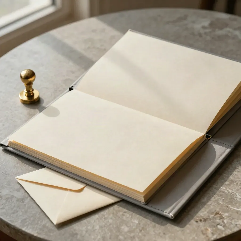 Open trust deed folder with seal stamp, amendment stack, and envelope on stone.