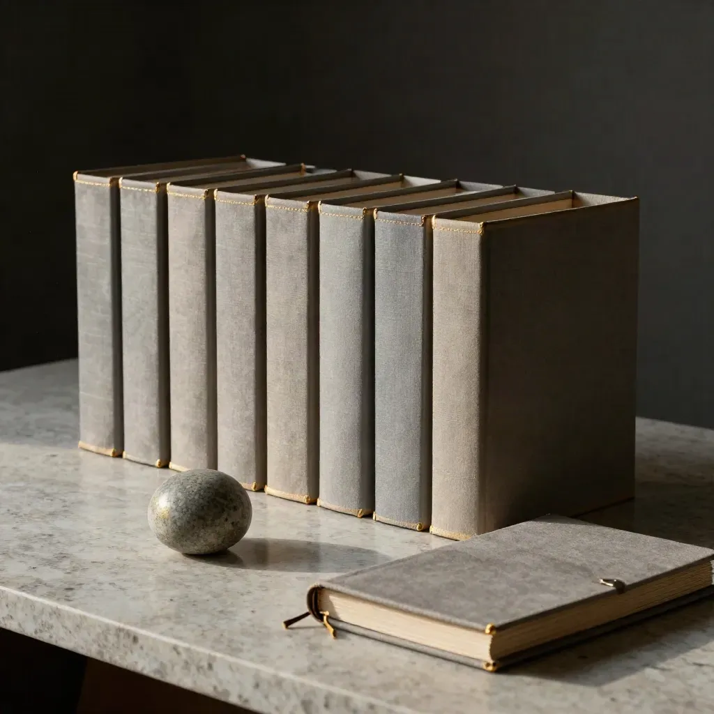 Aligned archive boxes, stone paperweight and closed ledger on a travertine table in side light.