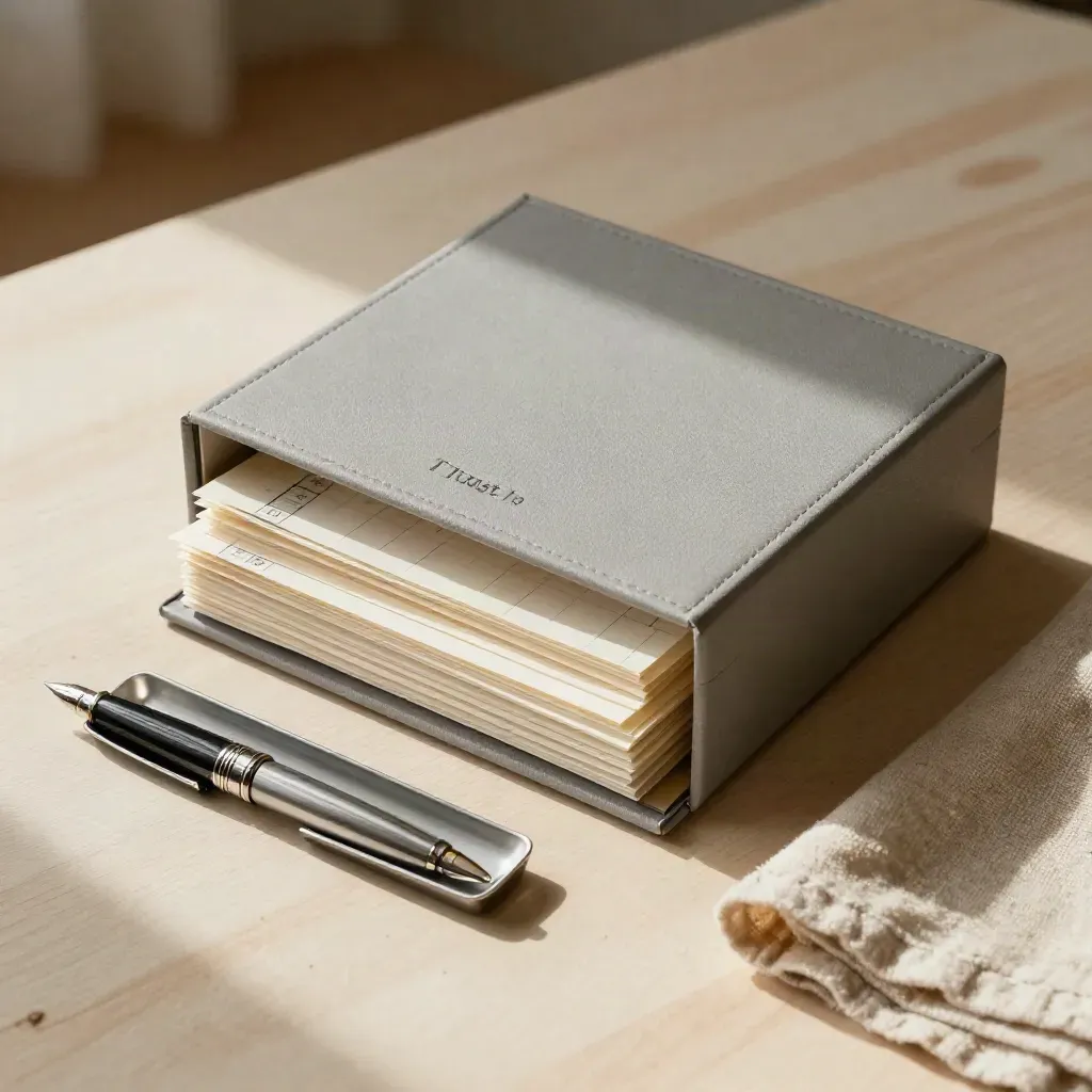 Open trust ledger box with pen, receipt tray, and linen cloth on pale wood.