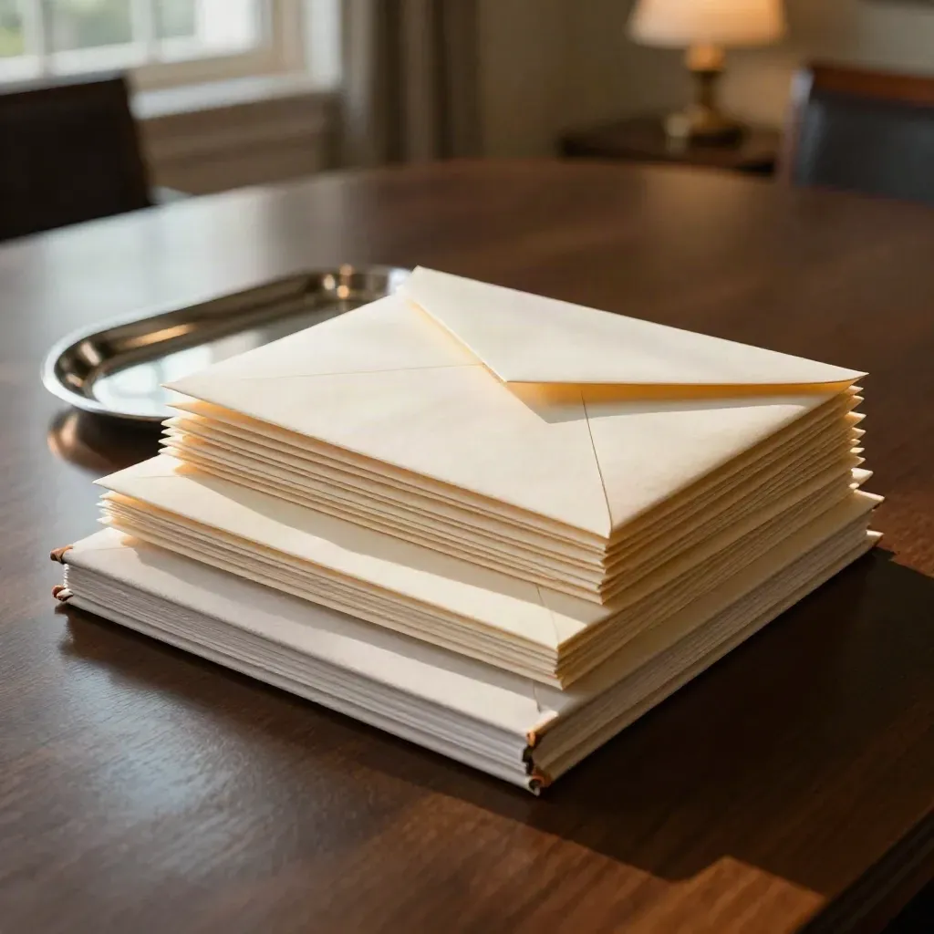 Silver tray, cream envelopes, and bound legal files on a walnut table in warm afternoon light.