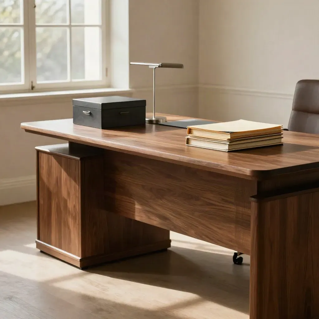 Low-angle view of a walnut trustee desk with files and lamp base in a warm, hazy office.