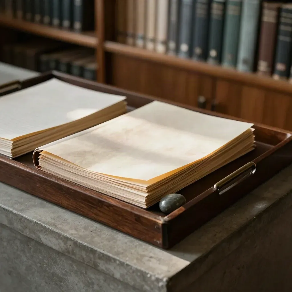 Legal case tray with notebooks, memo bundle, and stone paperweight in a quiet archive room