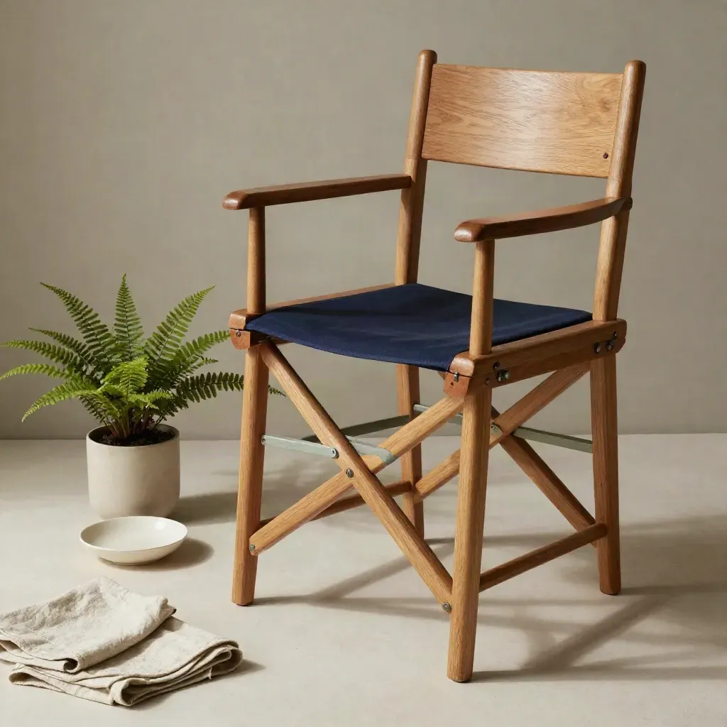 Oak trustee chair with navy seat pad, fern, ceramic dish and linen on plaster.