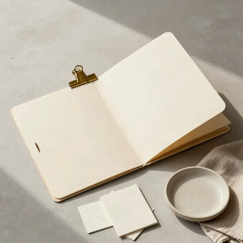 Cream archival folder with brass clip, blank cards, wool cloth, and ceramic dish on pale concrete