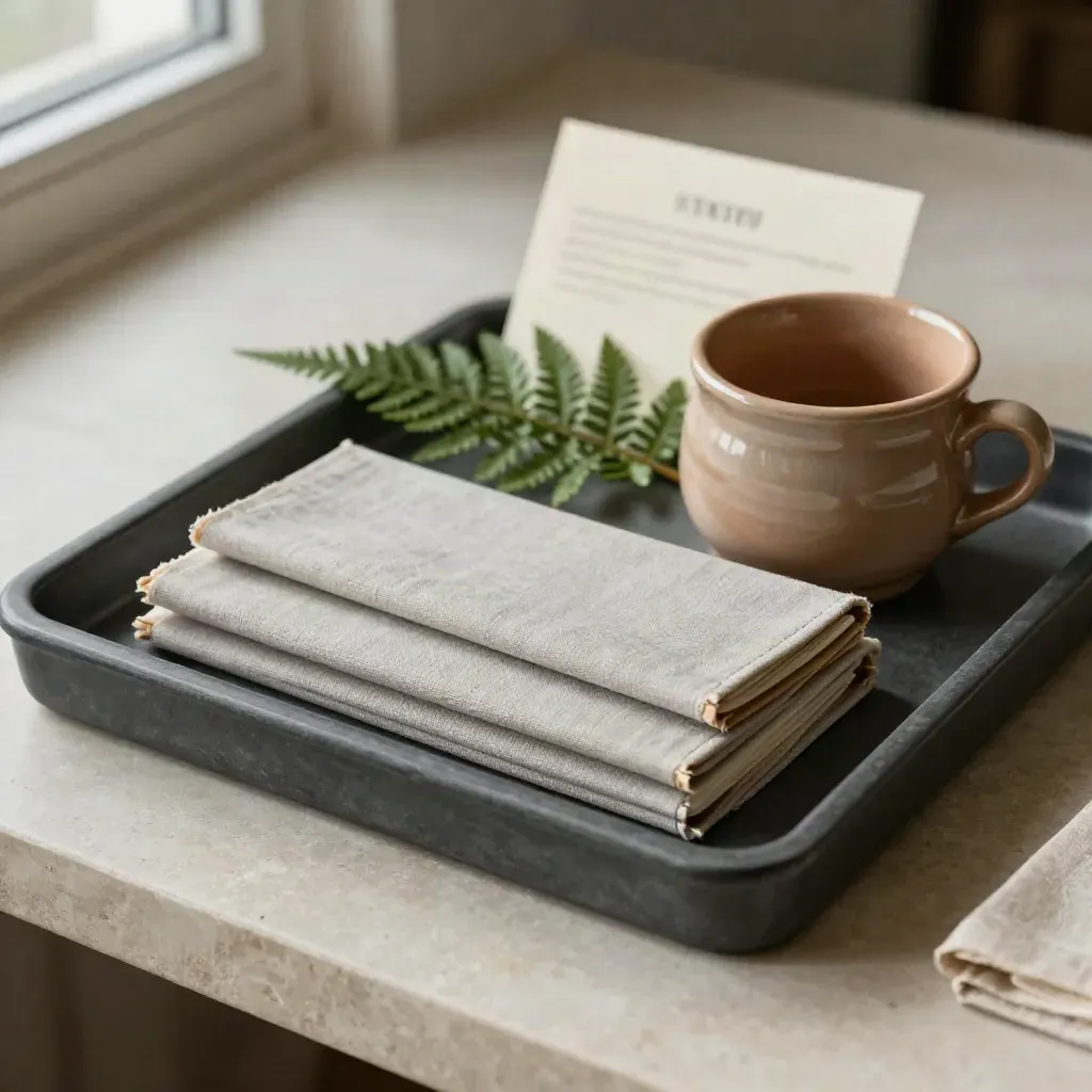 Graphite in-tray with binders, cup, fern sprig and cloth on a stone surface.